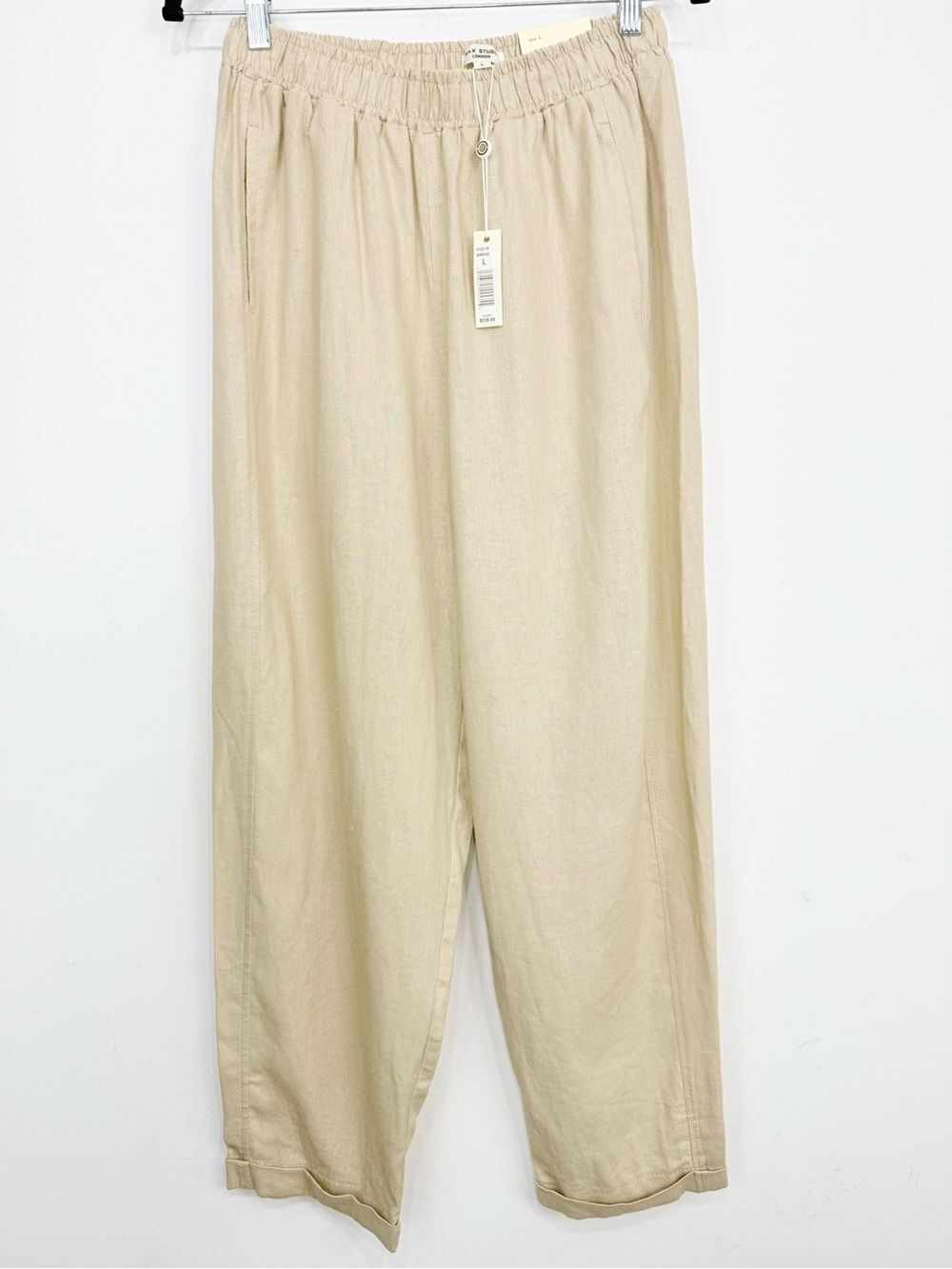 Max Studio Tan Linen Blend Barrel Leg Stretch Waist Trouser Pants NEW